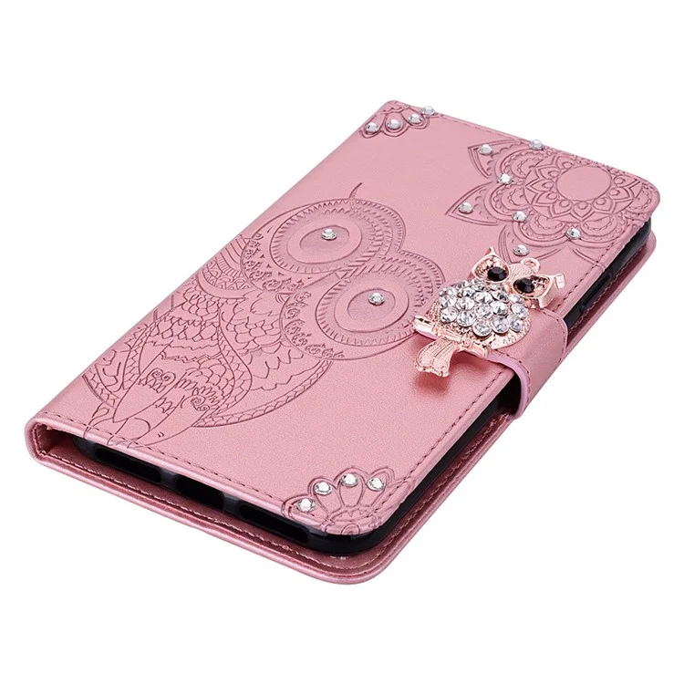 Rhinestone Decor Leather Case for iPhone 14 6.1 inch, Owl Flower Imprinted Phone Wallet Stand Cover - Rose Gold
