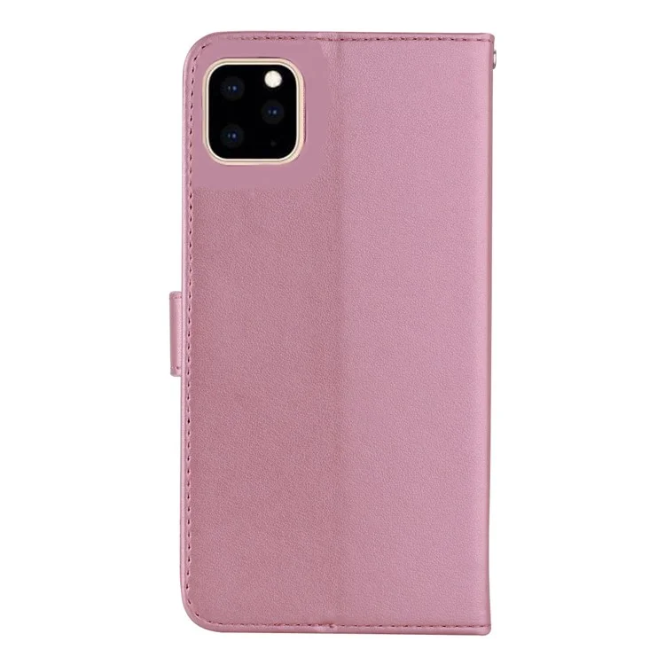 Rhinestone Decor Leather Case for iPhone 14 6.1 inch, Owl Flower Imprinted Phone Wallet Stand Cover - Rose Gold