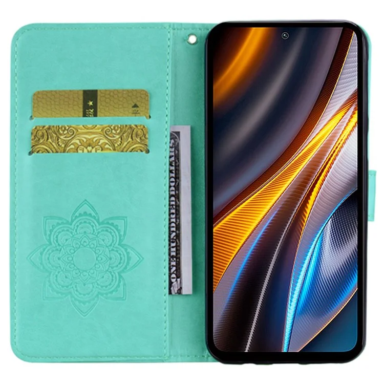 Pour Xiaomi Redmi Note 11T Pro 5G / Remarque 11T Pro + 5G / Poco X4 GT 5G Hoble Impriret Howl Flown Motel du Peut Source PU Couverture de Téléphone Anti-drop Cuir - Cyan