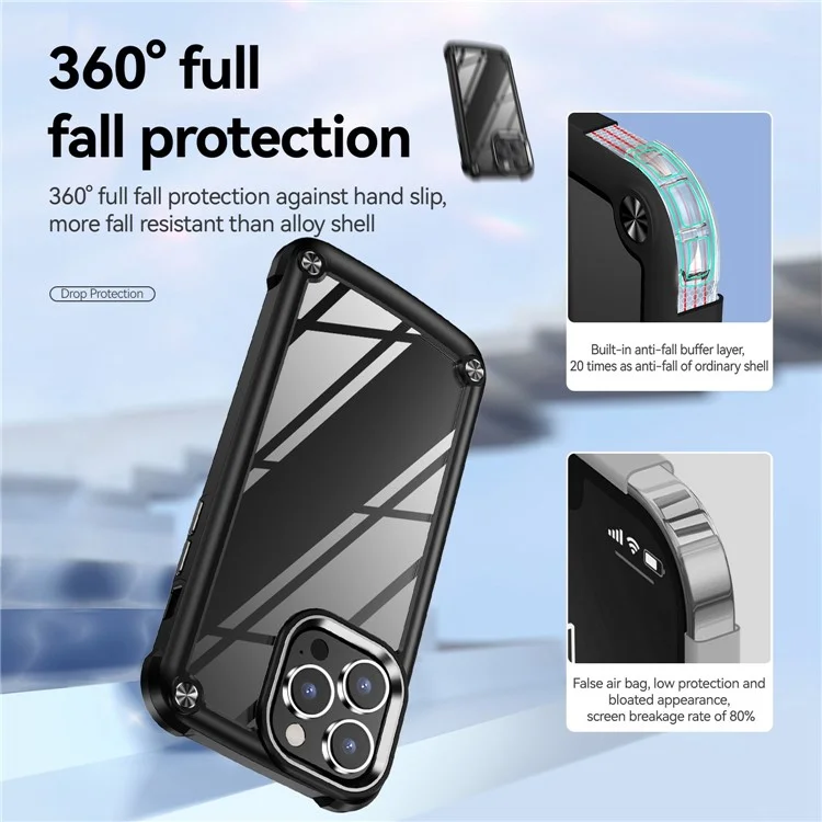For iPhone 14 Pro Max 6.7 inch Drop-proof Phone Case Anti-scratch PC+TPU Mobile Phone Protective Back Cover Support Wireless Charging - Black