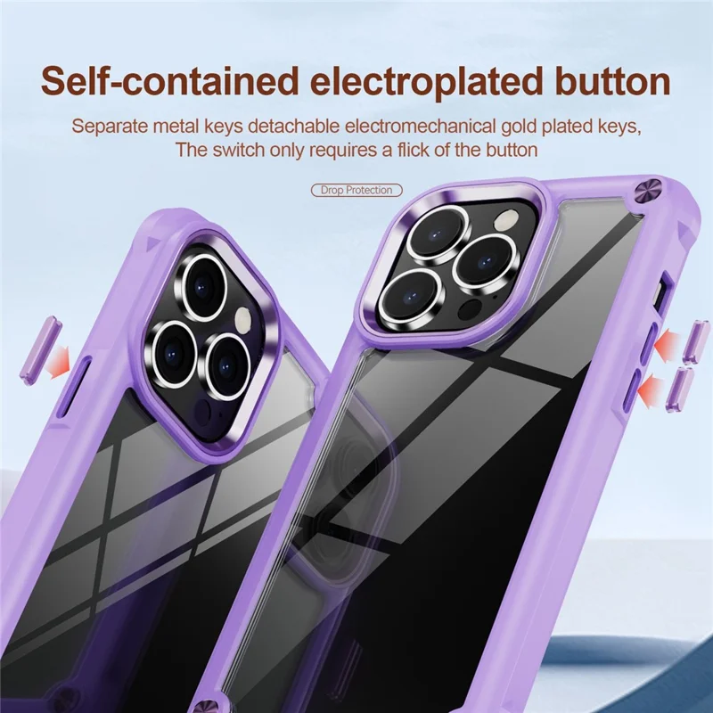 For iPhone 14 Pro 6.1 inch Full Protection Phone Case Anti-drop PC+TPU Mobile Phone Hybrid Back Cover Support Wireless Charging - Purple