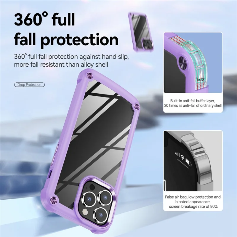 For iPhone 14 Pro 6.1 inch Full Protection Phone Case Anti-drop PC+TPU Mobile Phone Hybrid Back Cover Support Wireless Charging - Purple