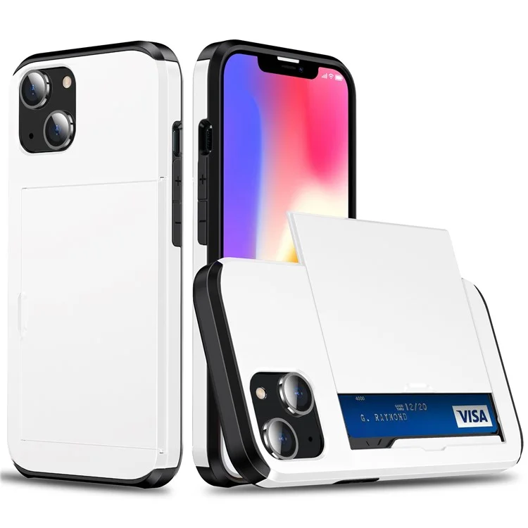 Slide Card Holder Phone Case für iPhone 14 6.1 Zoll, stoßfester Schutz TPU + PC Hybrid Cover - Weiß