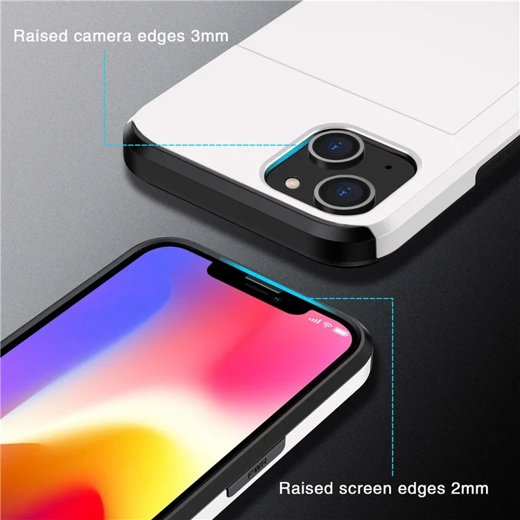Slide Card Holder Phone Case für iPhone 14 6.1 Zoll, stoßfester Schutz TPU + PC Hybrid Cover - Weiß