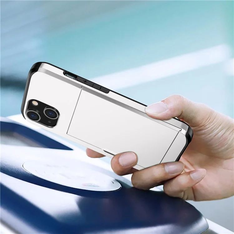 Slide Card Holder Phone Case für iPhone 14 6.1 Zoll, stoßfester Schutz TPU + PC Hybrid Cover - Weiß
