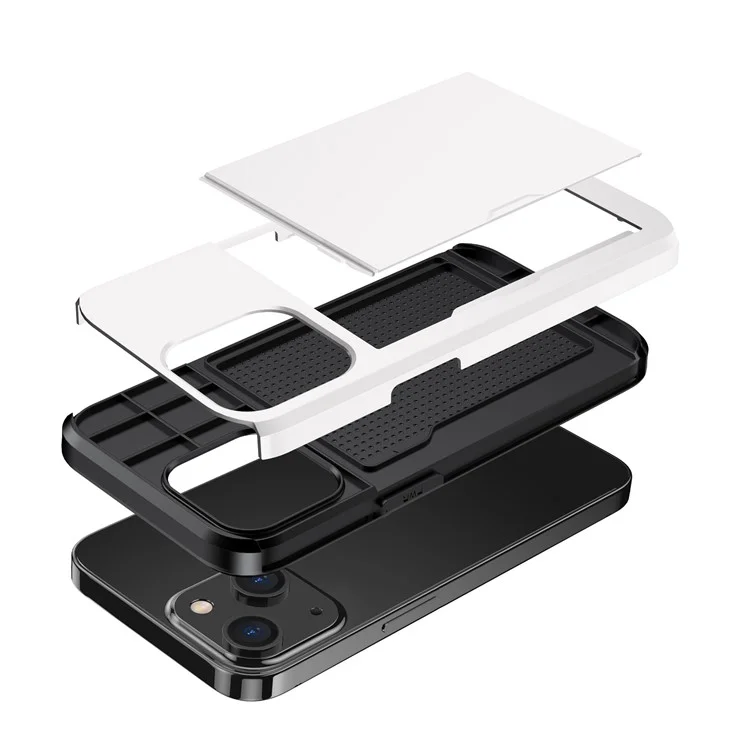 Slide Card Holder Phone Case für iPhone 14 6.1 Zoll, stoßfester Schutz TPU + PC Hybrid Cover - Weiß