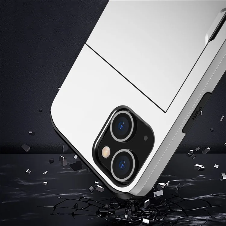 Slide Card Holder Phone Case für iPhone 14 6.1 Zoll, stoßfester Schutz TPU + PC Hybrid Cover - Weiß