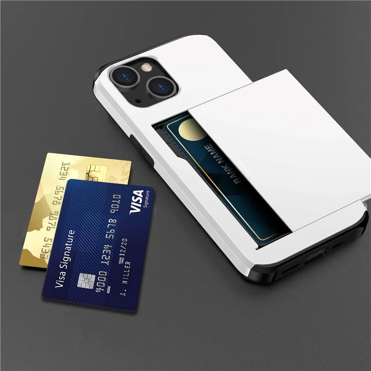 Slide Card Holder Phone Case für iPhone 14 6.1 Zoll, stoßfester Schutz TPU + PC Hybrid Cover - Weiß