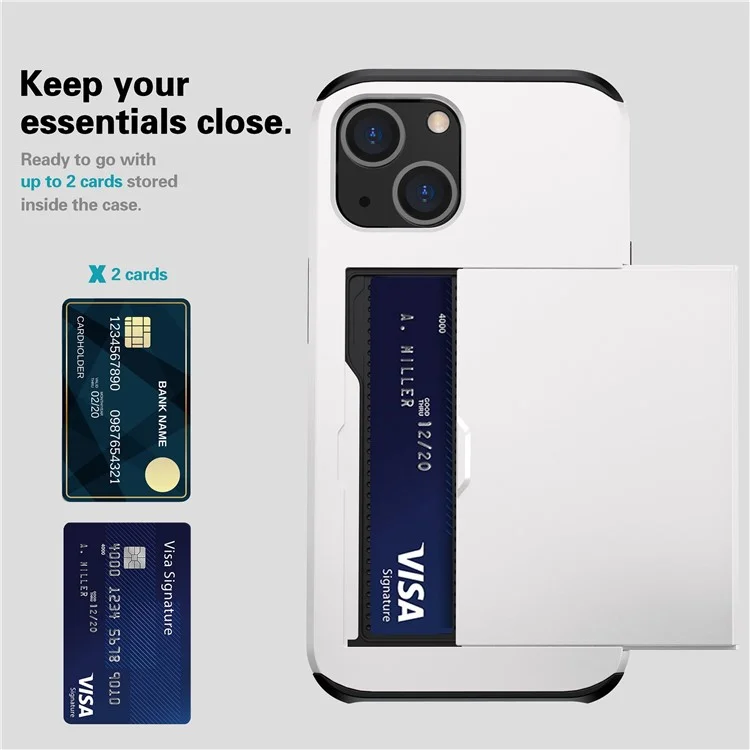 Slide Card Holder Phone Case für iPhone 14 6.1 Zoll, stoßfester Schutz TPU + PC Hybrid Cover - Weiß
