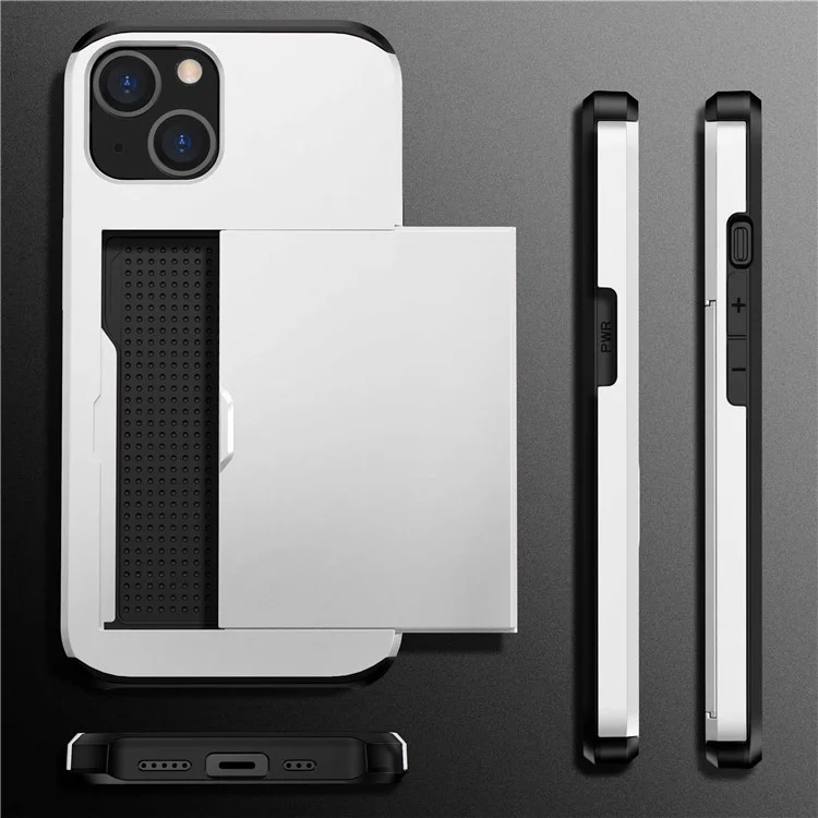 Slide Card Holder Phone Case für iPhone 14 6.1 Zoll, stoßfester Schutz TPU + PC Hybrid Cover - Weiß