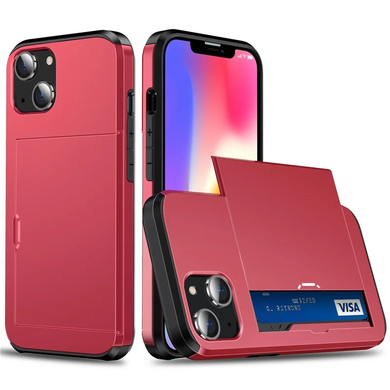 Slide Card Holder Phone Case for iPhone 14 6.1 inch, Drop-proof Protection TPU + PC Hybrid Cover - Red