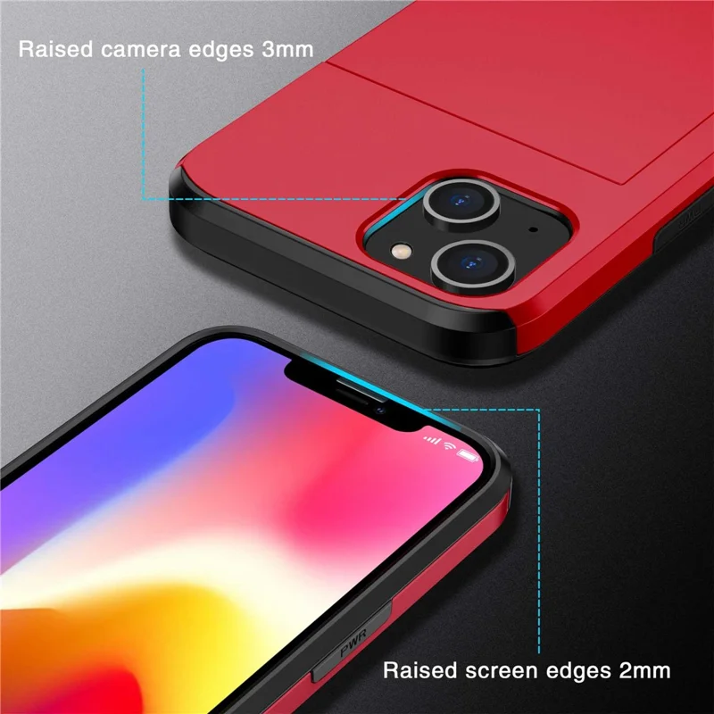 Slide Card Holder Phone Case for iPhone 14 6.1 inch, Drop-proof Protection TPU + PC Hybrid Cover - Red