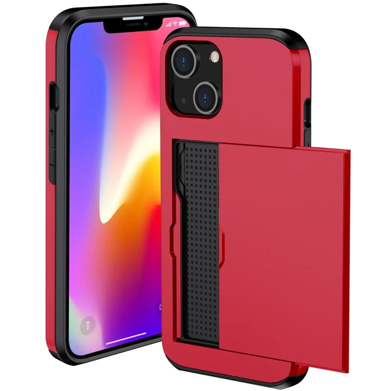 Slide Card Holder Phone Case for iPhone 14 6.1 inch, Drop-proof Protection TPU + PC Hybrid Cover - Red