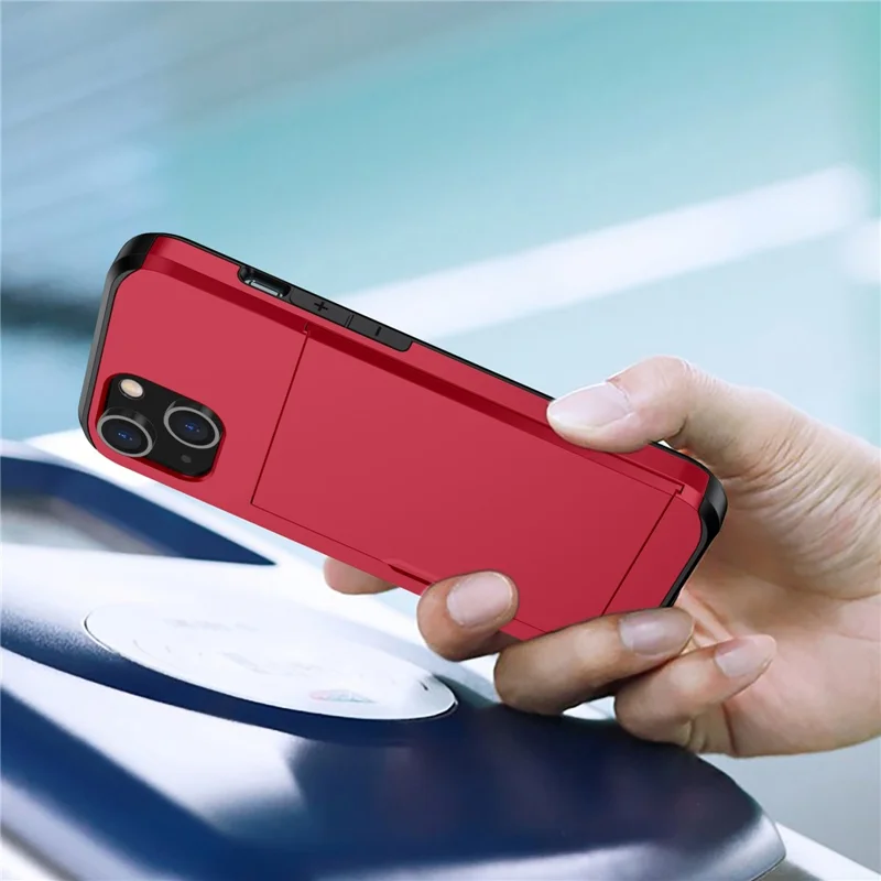 Slide Card Holder Phone Case for iPhone 14 6.1 inch, Drop-proof Protection TPU + PC Hybrid Cover - Red