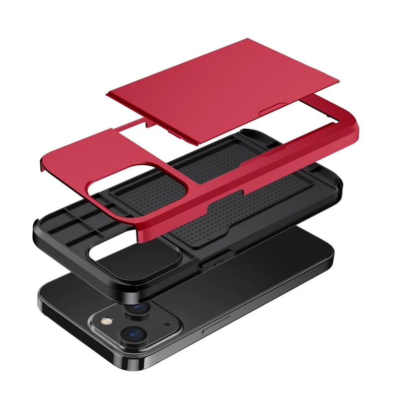 Slide Card Holder Phone Case for iPhone 14 6.1 inch, Drop-proof Protection TPU + PC Hybrid Cover - Red