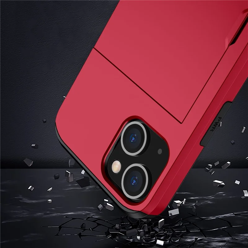 Slide Card Holder Phone Case for iPhone 14 6.1 inch, Drop-proof Protection TPU + PC Hybrid Cover - Red