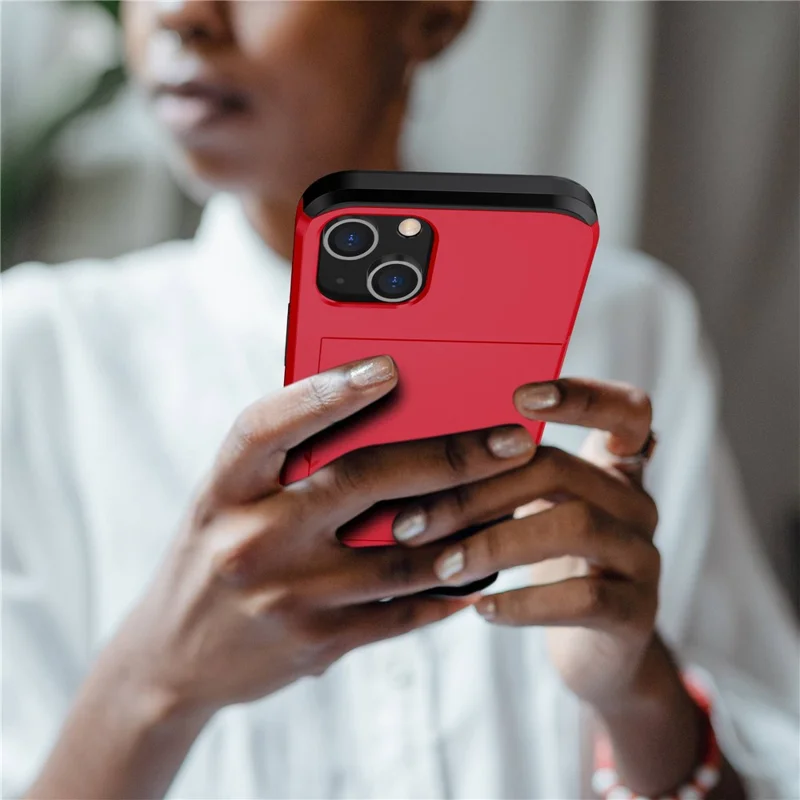Slide Card Holder Phone Case for iPhone 14 6.1 inch, Drop-proof Protection TPU + PC Hybrid Cover - Red