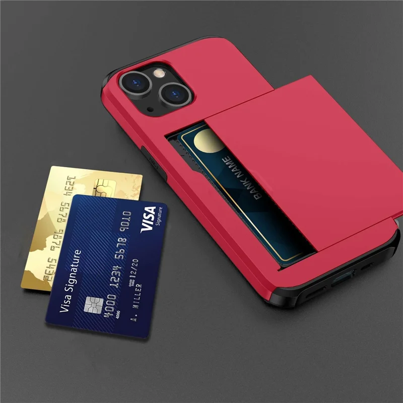 Slide Card Holder Phone Case for iPhone 14 6.1 inch, Drop-proof Protection TPU + PC Hybrid Cover - Red