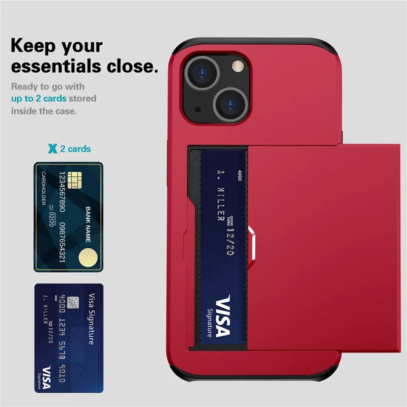 Slide Card Holder Phone Case for iPhone 14 6.1 inch, Drop-proof Protection TPU + PC Hybrid Cover - Red