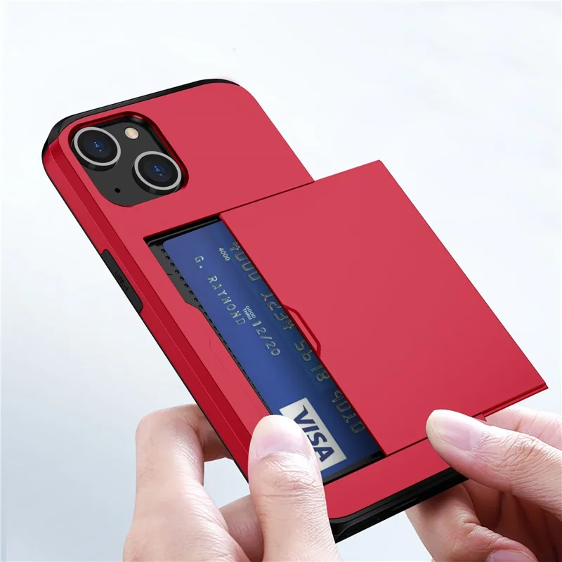 Slide Card Holder Phone Case for iPhone 14 6.1 inch, Drop-proof Protection TPU + PC Hybrid Cover - Red