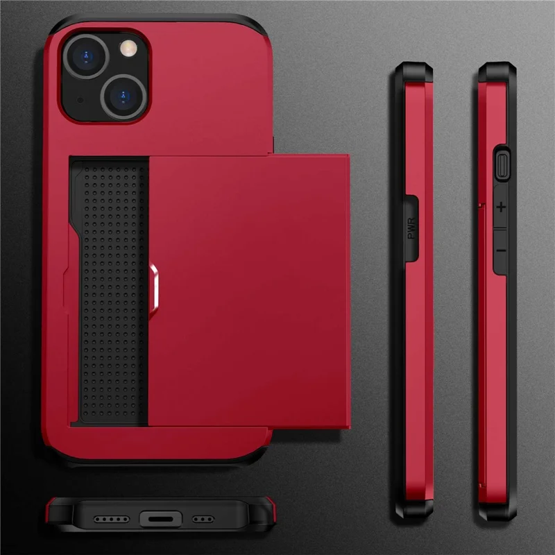 Slide Card Holder Phone Case for iPhone 14 6.1 inch, Drop-proof Protection TPU + PC Hybrid Cover - Red