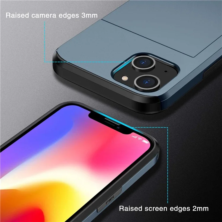 Étui de téléphone porte-cartes pour iPhone 14 Plus 6,7 pouces, coque de protection à double couche en TPU + PC - Bleu marine