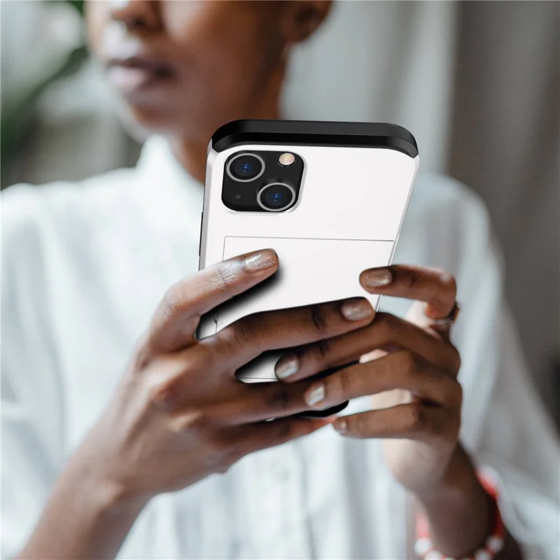 Card Holder Phone Case for iPhone 14 Plus 6.7 inch , TPU + PC Dual Layer Protective Cover - White