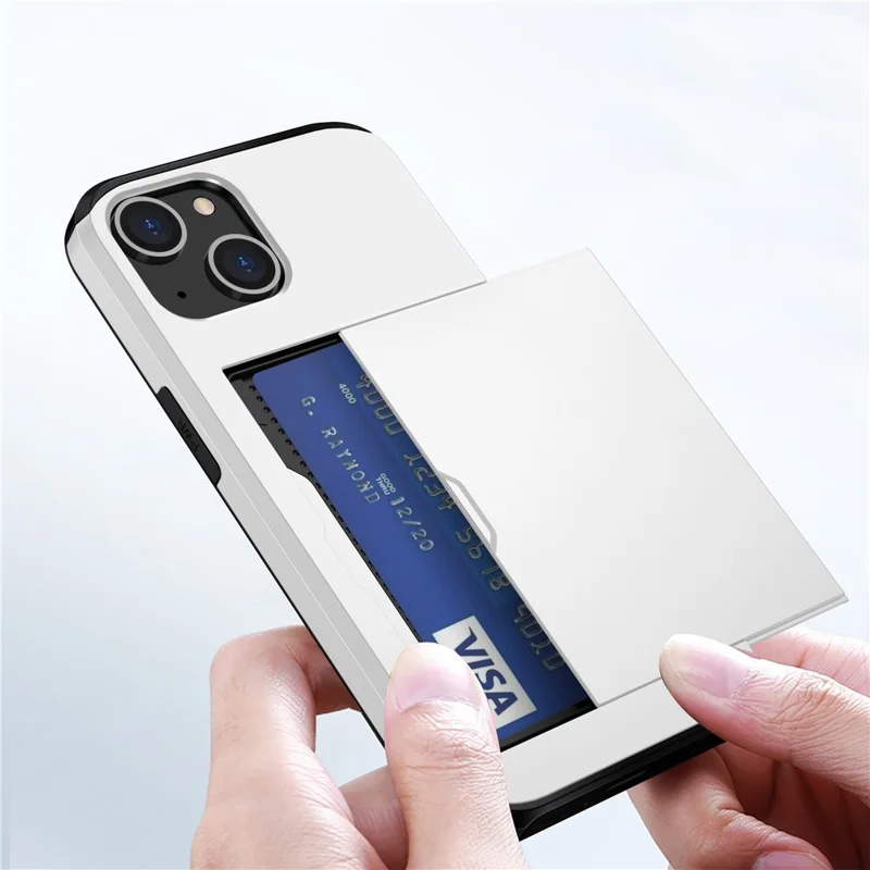 Card Holder Phone Case for iPhone 14 Plus 6.7 inch , TPU + PC Dual Layer Protective Cover - White
