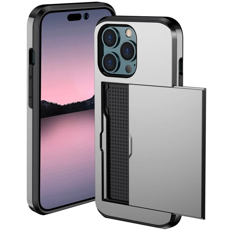For iPhone 14 Pro Max 6.7 inch TPU + PC Hybrid Case Shockproof Phone Cover with Slide Card Holder - Grey