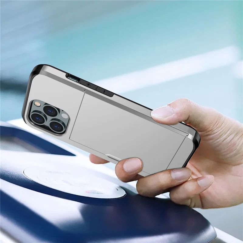 For iPhone 14 Pro Max 6.7 inch TPU + PC Hybrid Case Shockproof Phone Cover with Slide Card Holder - Grey