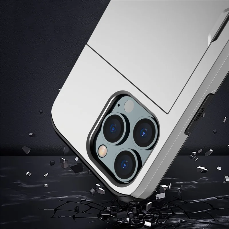 For iPhone 14 Pro Max 6.7 inch TPU + PC Hybrid Case Shockproof Phone Cover with Slide Card Holder - Grey