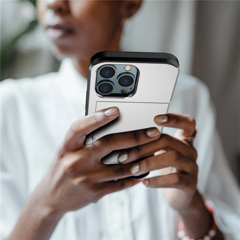 For iPhone 14 Pro Max 6.7 inch TPU + PC Hybrid Case Shockproof Phone Cover with Slide Card Holder - Grey