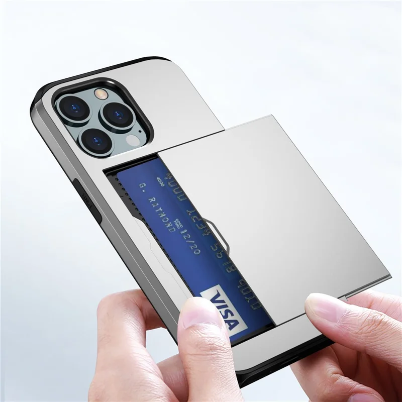 For iPhone 14 Pro Max 6.7 inch TPU + PC Hybrid Case Shockproof Phone Cover with Slide Card Holder - Grey