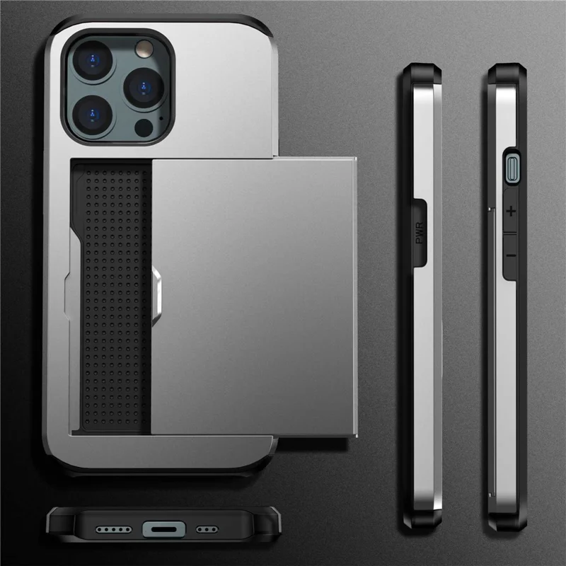 For iPhone 14 Pro Max 6.7 inch TPU + PC Hybrid Case Shockproof Phone Cover with Slide Card Holder - Grey