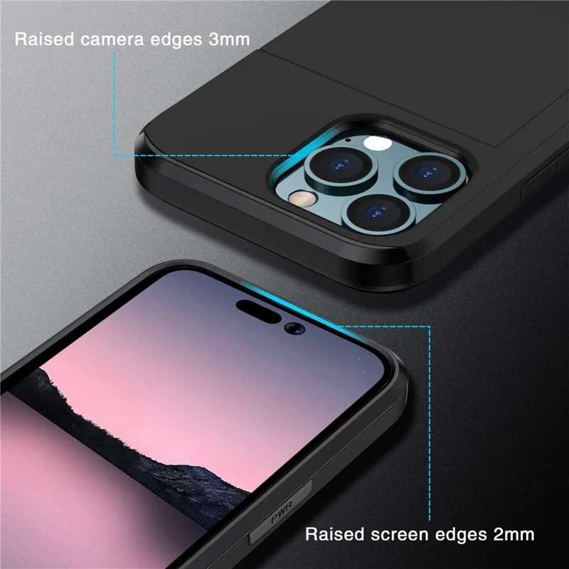 Pour iPhone 14 Pro 6,1 pouces Étui de protection anti-rayures avec porte-cartes Couverture hybride en TPU souple + PC dur - Noir