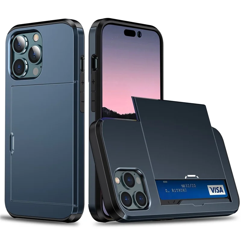 For iPhone 14 Pro 6.1 inch Anti-scratch Phone Case Card Holder  Soft TPU + Hard PC Hybrid Cover - Navy Blue