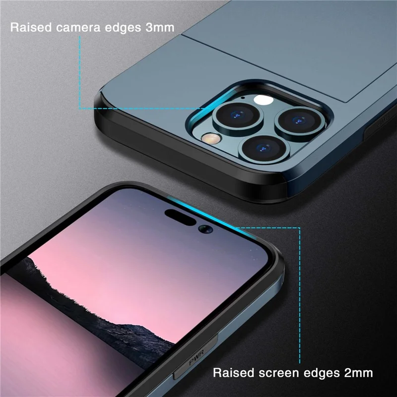 For iPhone 14 Pro 6.1 inch Anti-scratch Phone Case Card Holder  Soft TPU + Hard PC Hybrid Cover - Navy Blue