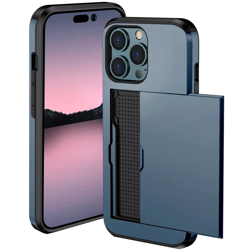 For iPhone 14 Pro 6.1 inch Anti-scratch Phone Case Card Holder  Soft TPU + Hard PC Hybrid Cover - Navy Blue