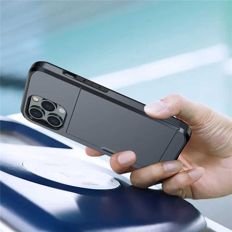 For iPhone 14 Pro 6.1 inch Anti-scratch Phone Case Card Holder  Soft TPU + Hard PC Hybrid Cover - Navy Blue
