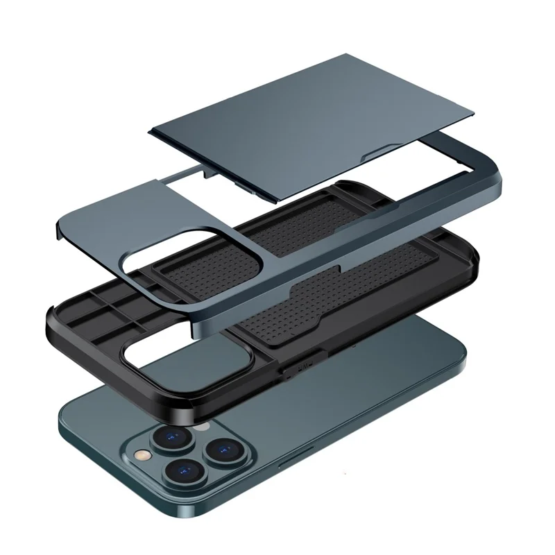 For iPhone 14 Pro 6.1 inch Anti-scratch Phone Case Card Holder  Soft TPU + Hard PC Hybrid Cover - Navy Blue