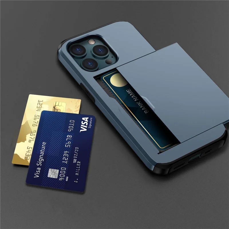 For iPhone 14 Pro 6.1 inch Anti-scratch Phone Case Card Holder  Soft TPU + Hard PC Hybrid Cover - Navy Blue