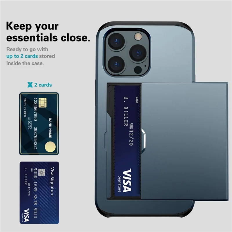 For iPhone 14 Pro 6.1 inch Anti-scratch Phone Case Card Holder  Soft TPU + Hard PC Hybrid Cover - Navy Blue