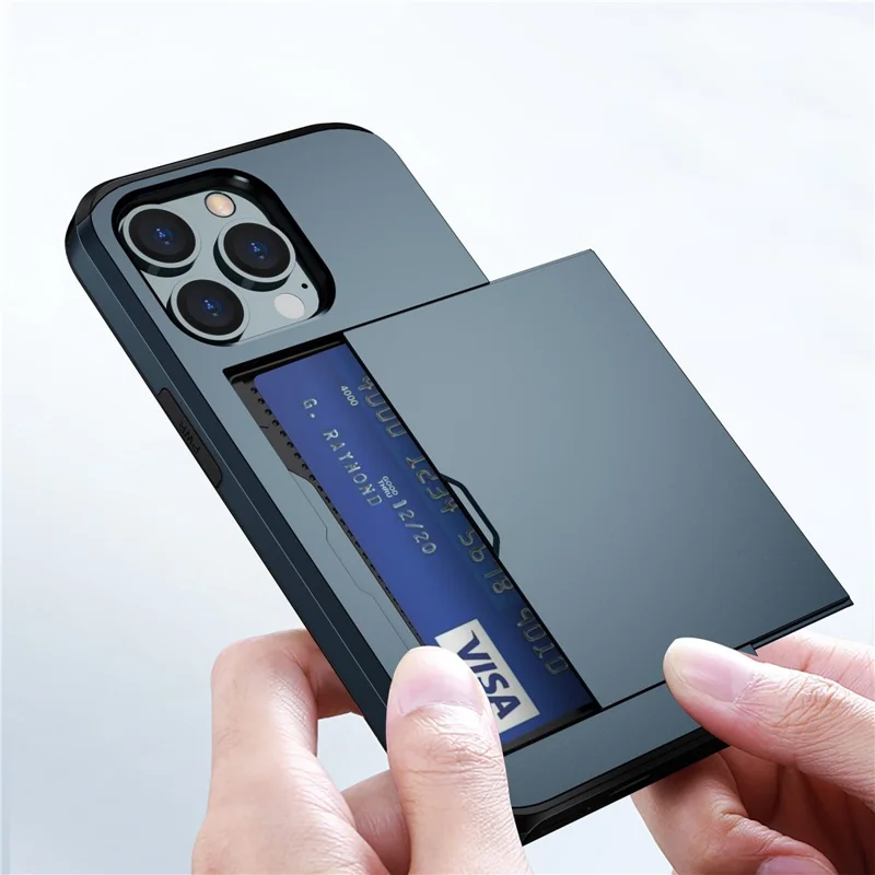 For iPhone 14 Pro 6.1 inch Anti-scratch Phone Case Card Holder  Soft TPU + Hard PC Hybrid Cover - Navy Blue