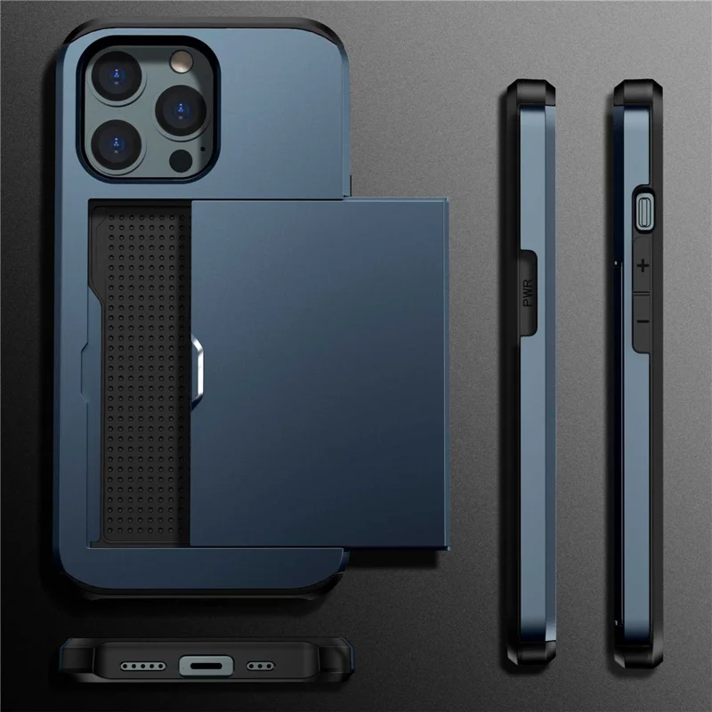 For iPhone 14 Pro 6.1 inch Anti-scratch Phone Case Card Holder  Soft TPU + Hard PC Hybrid Cover - Navy Blue