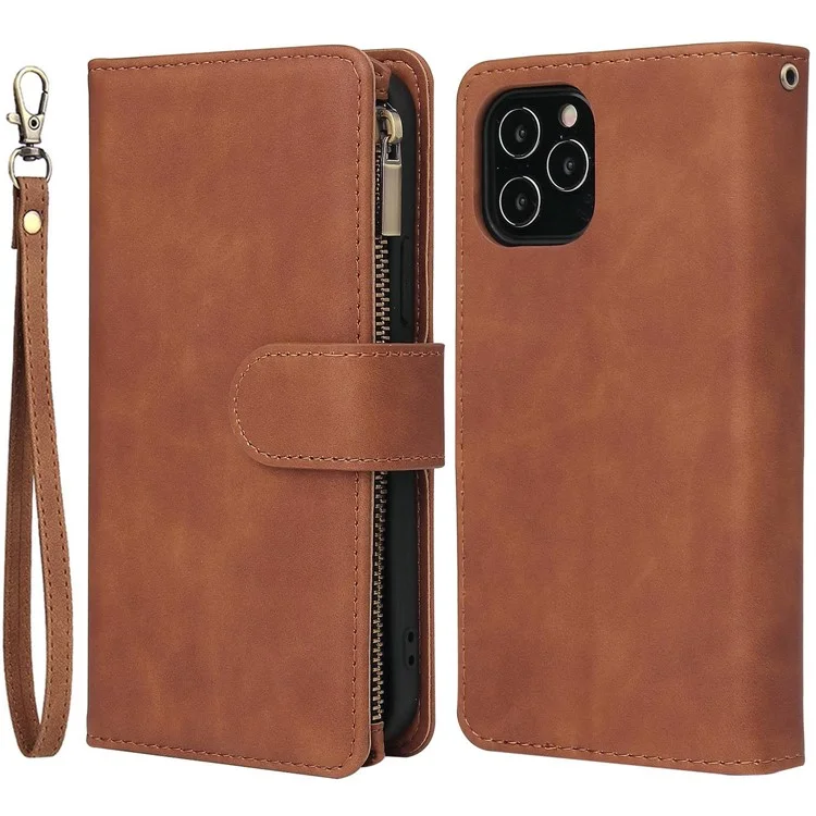 For iPhone 14 6.1 inch PU Leather Phone Wallet Case with Multiple Card Slots Flip Cover Stand with Zipper Pocket - Brown