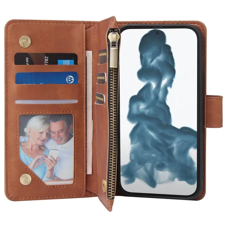 For iPhone 14 6.1 inch PU Leather Phone Wallet Case with Multiple Card Slots Flip Cover Stand with Zipper Pocket - Brown