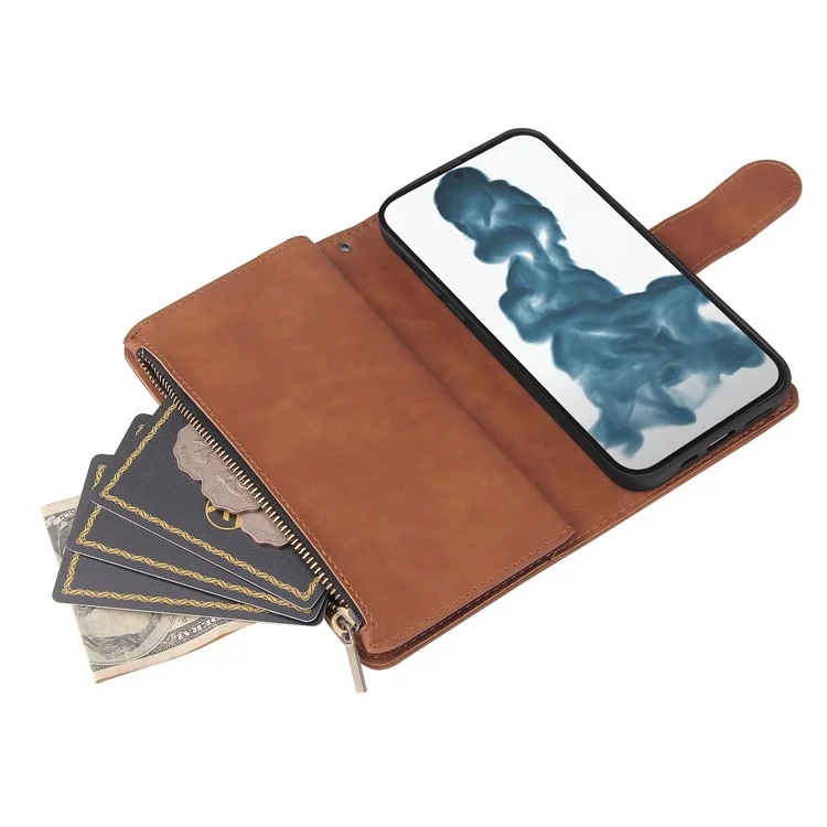 For iPhone 14 6.1 inch PU Leather Phone Wallet Case with Multiple Card Slots Flip Cover Stand with Zipper Pocket - Brown
