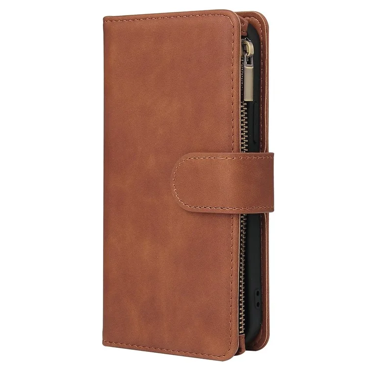 For iPhone 14 6.1 inch PU Leather Phone Wallet Case with Multiple Card Slots Flip Cover Stand with Zipper Pocket - Brown