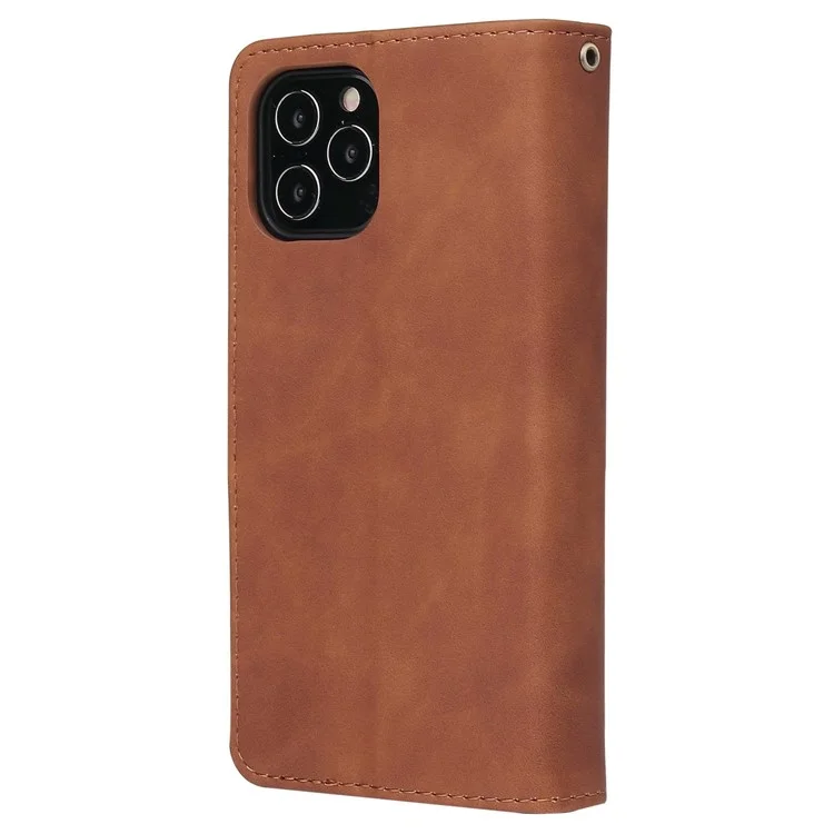 For iPhone 14 6.1 inch PU Leather Phone Wallet Case with Multiple Card Slots Flip Cover Stand with Zipper Pocket - Brown