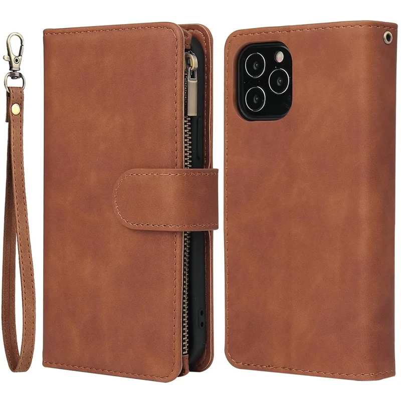 For iPhone 14 Plus 6.7 inch  Drop-proof Zipper Pocket Phone Wallet Case with Multiple Card Slots Protective PU Leather Flip Cover Stand - Brown
